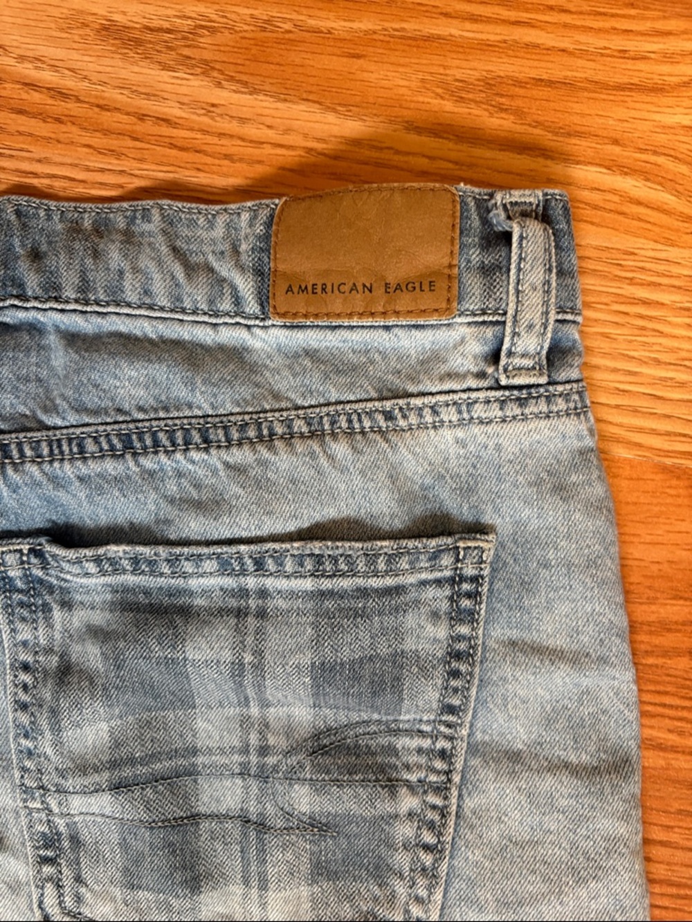 American Eagle Outfitters Light Blue Plaid-Panel Denim Shorts - Picture 3 of 4